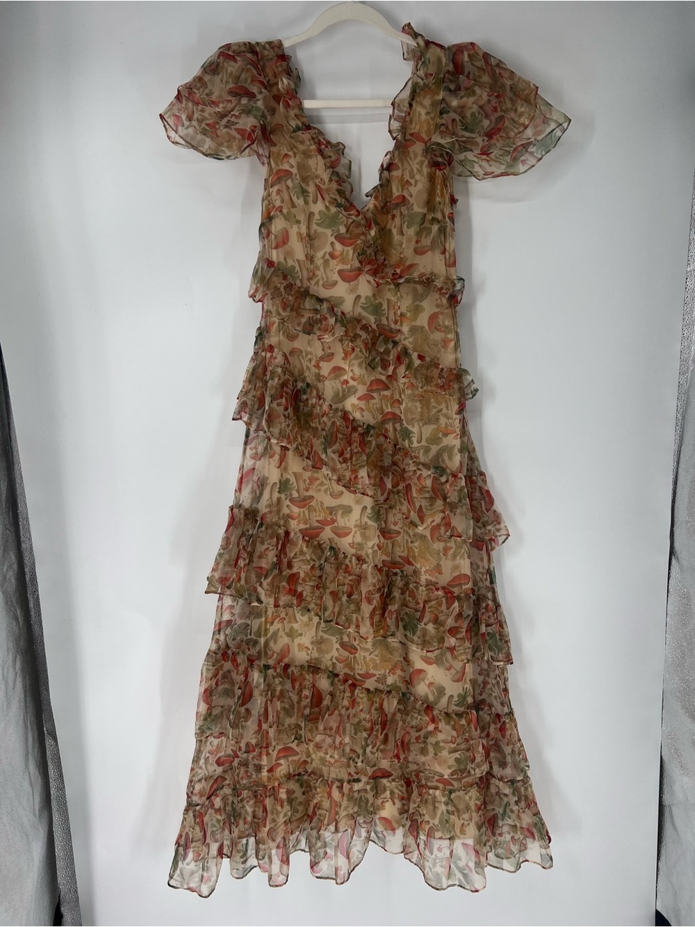 Selkie Satin Mushroom Brown Floral Ruffle Tiered V Neck Formal Maxi Dress XS